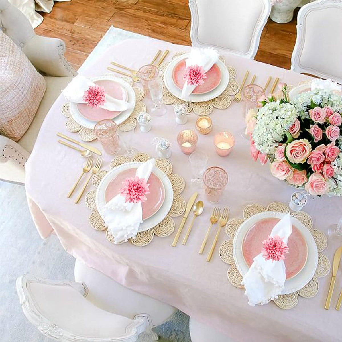 Farmhouse Flower Napkin Rings Set of 8, Faux Pink Dahlia Napkin Ring, Natural Serviette Buckles Holder for Gift,Table Decoration, Family Dinner, Union (Dahlia - Pink)