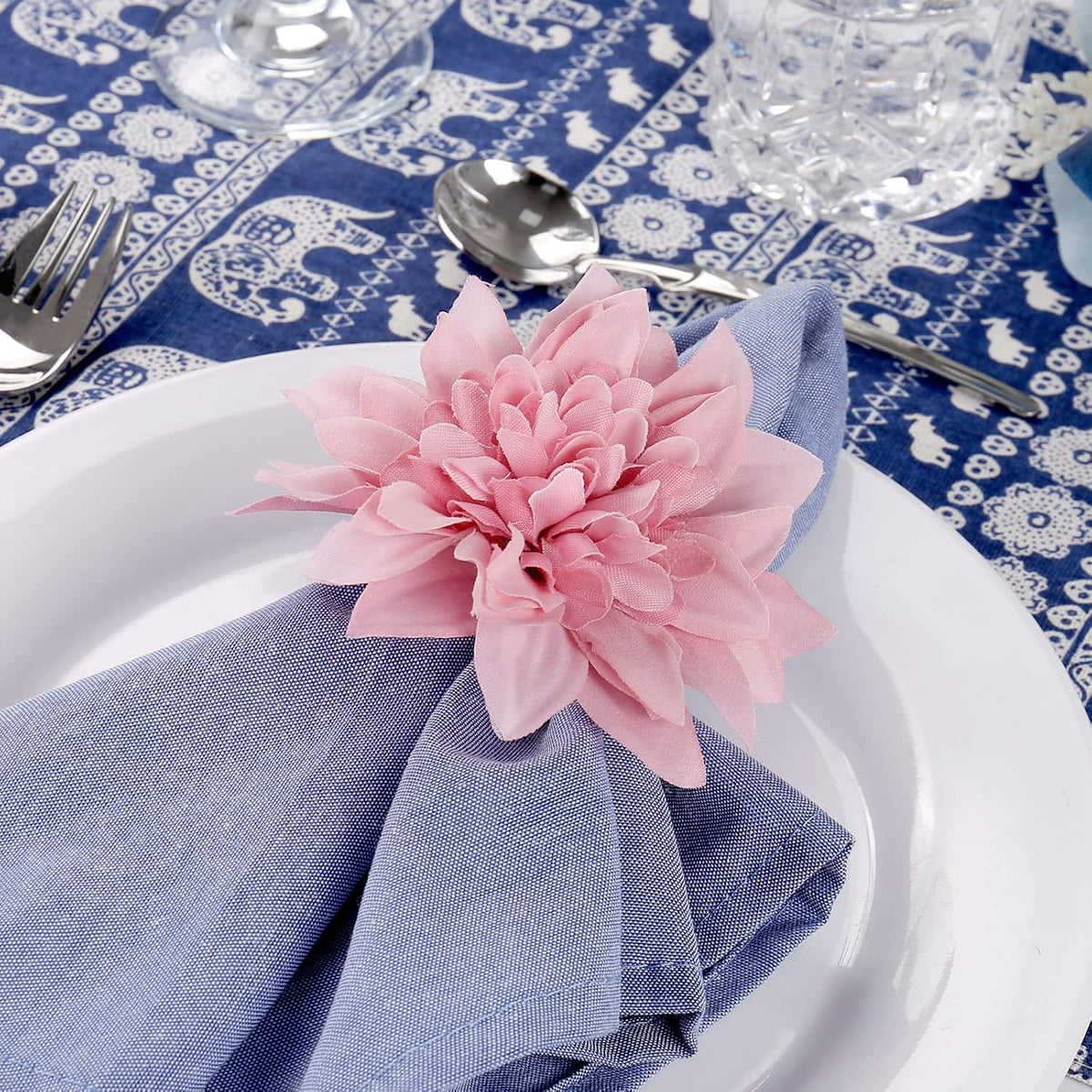 Farmhouse Flower Napkin Rings Set of 8, Faux Pink Dahlia Napkin Ring, Natural Serviette Buckles Holder for Gift,Table Decoration, Family Dinner, Union (Dahlia - Pink)