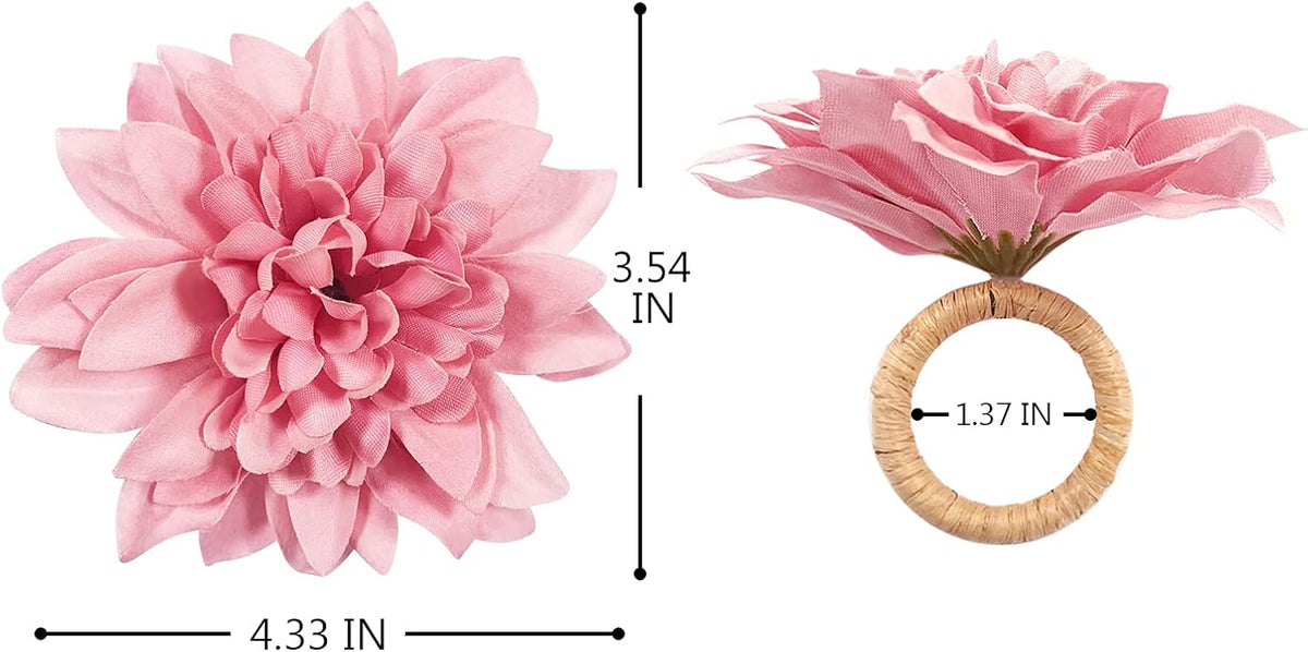 Farmhouse Flower Napkin Rings Set of 8, Faux Pink Dahlia Napkin Ring, Natural Serviette Buckles Holder for Gift,Table Decoration, Family Dinner, Union (Dahlia - Pink)