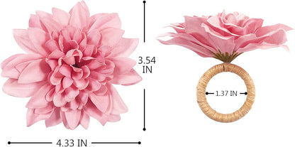 Farmhouse Flower Napkin Rings Set of 8, Faux Pink Dahlia Napkin Ring, Natural Serviette Buckles Holder for Gift,Table Decoration, Family Dinner, Union (Dahlia - Pink)