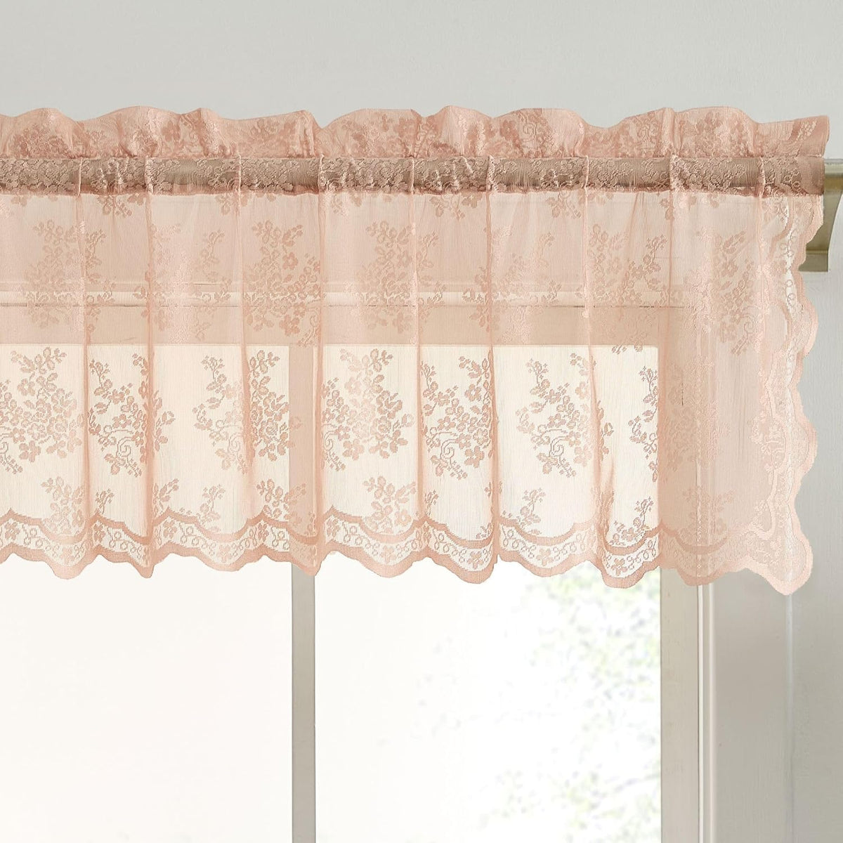 HLC.ME Jolene Floral Rod Pocket Lace Semi Sheer Voile Short Valance for Small Windows & Bathroom - 54 x 18 Inch Length (Blush Pink Valance)