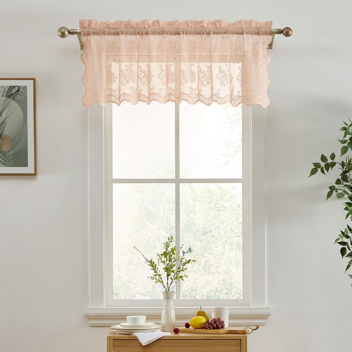 HLC.ME Jolene Floral Rod Pocket Lace Semi Sheer Voile Short Valance for Small Windows & Bathroom - 54 x 18 Inch Length (Blush Pink Valance)