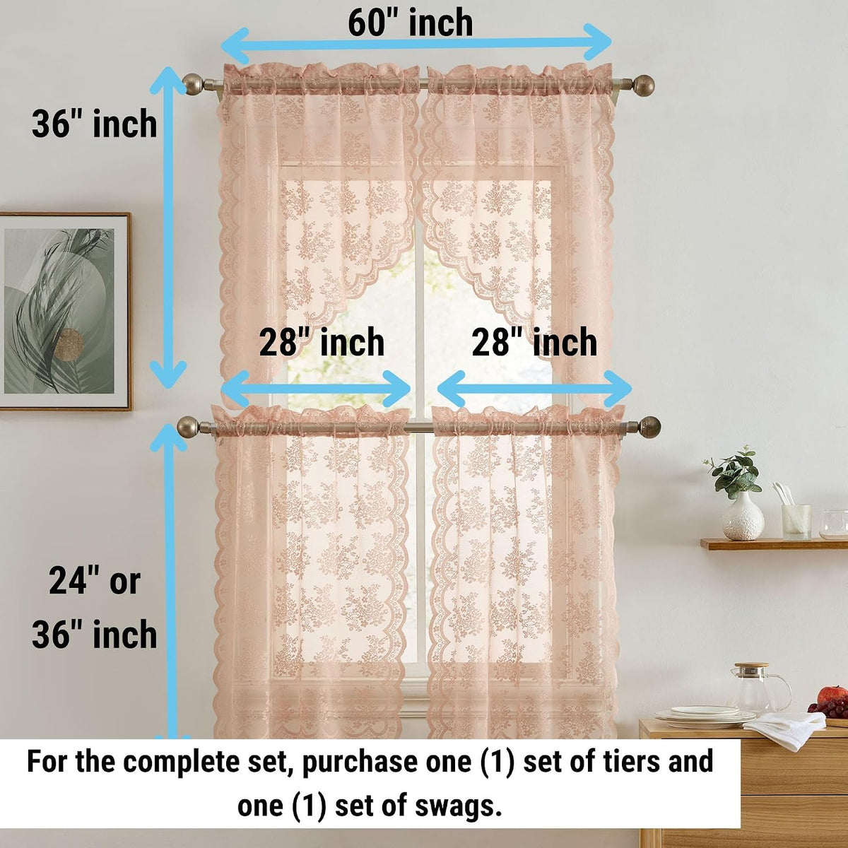 HLC.ME Jolene Floral Rod Pocket Lace Semi Sheer Voile Short Valance for Small Windows & Bathroom - 54 x 18 Inch Length (Blush Pink Valance)