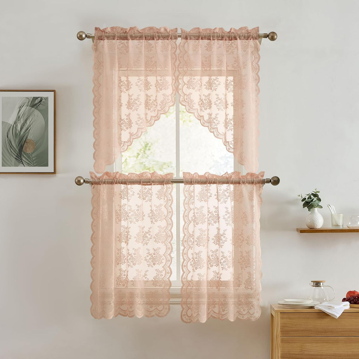 HLC.ME Jolene Floral Rod Pocket Lace Semi Sheer Voile Short Valance for Small Windows & Bathroom - 54 x 18 Inch Length (Blush Pink Valance)