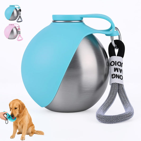2 in 1 Portable Tumbler for Dogs,Portable Dog Water Ball,10Oz Stainless Steel Dog Water Bottle with Silicone Foldable Bowl, Leak-Proof 2 in 1 Portable Small Dog Water Bottle for Walking