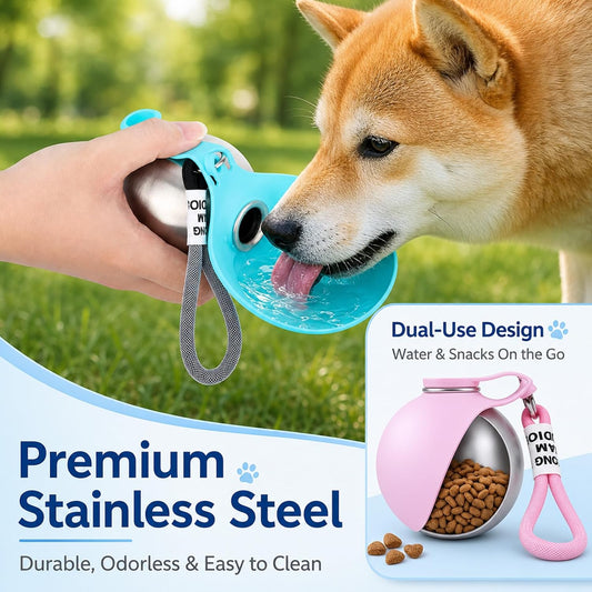 2 in 1 Portable Tumbler for Dogs,Portable Dog Water Ball,10Oz Stainless Steel Dog Water Bottle with Silicone Foldable Bowl, Leak-Proof 2 in 1 Portable Small Dog Water Bottle for Walking