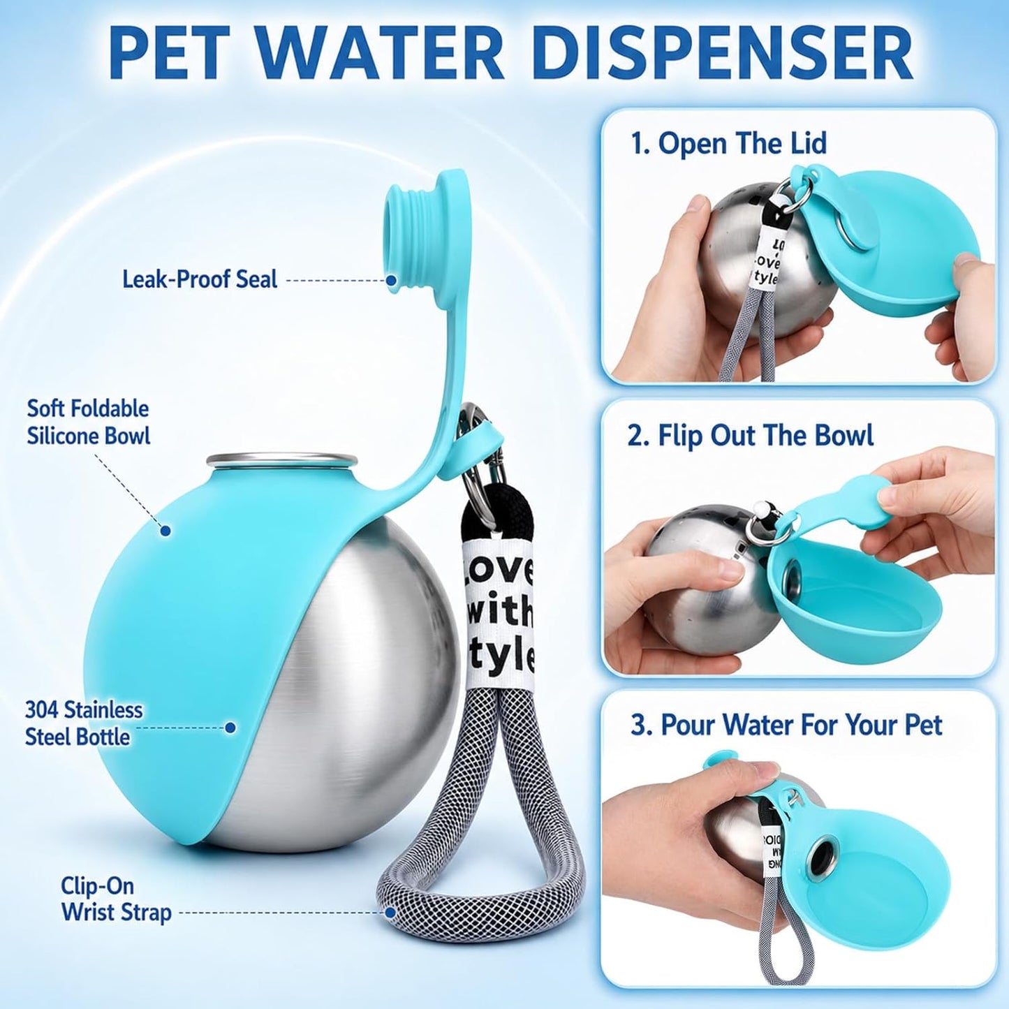2 in 1 Portable Tumbler for Dogs,Portable Dog Water Ball,10Oz Stainless Steel Dog Water Bottle with Silicone Foldable Bowl, Leak-Proof 2 in 1 Portable Small Dog Water Bottle for Walking