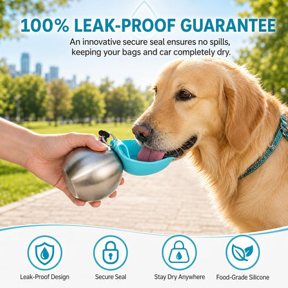 2 in 1 Portable Tumbler for Dogs,Portable Dog Water Ball,10Oz Stainless Steel Dog Water Bottle with Silicone Foldable Bowl, Leak-Proof 2 in 1 Portable Small Dog Water Bottle for Walking