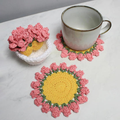 Cute Flower Coasters Set of 4,Funny Pink Crochet Plant Pot Coasters