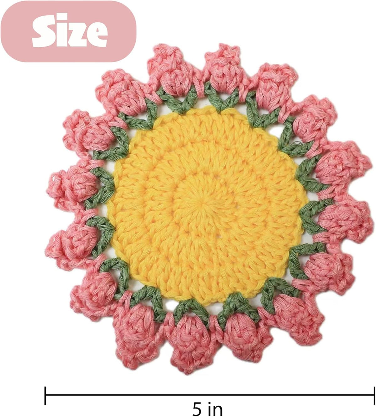 Cute Flower Coasters Set of 4,Funny Pink Crochet Plant Pot Coasters