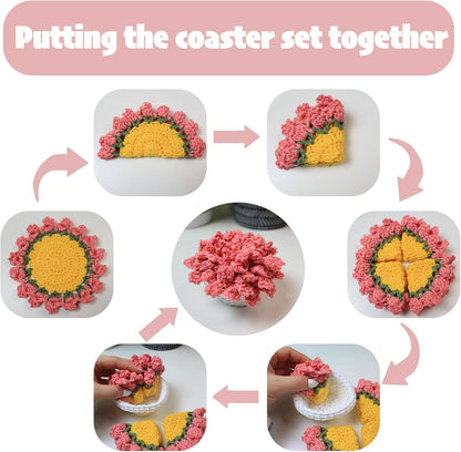 Cute Flower Coasters Set of 4,Funny Pink Crochet Plant Pot Coasters