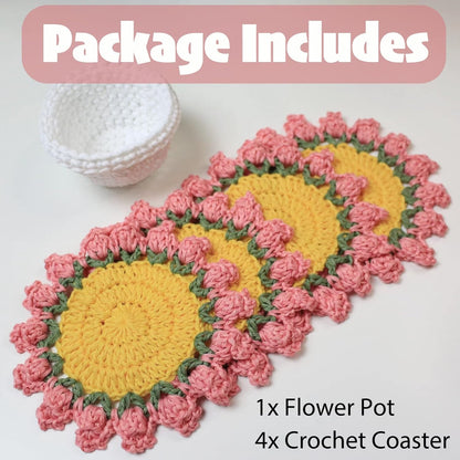 Cute Flower Coasters Set of 4,Funny Pink Crochet Plant Pot Coasters