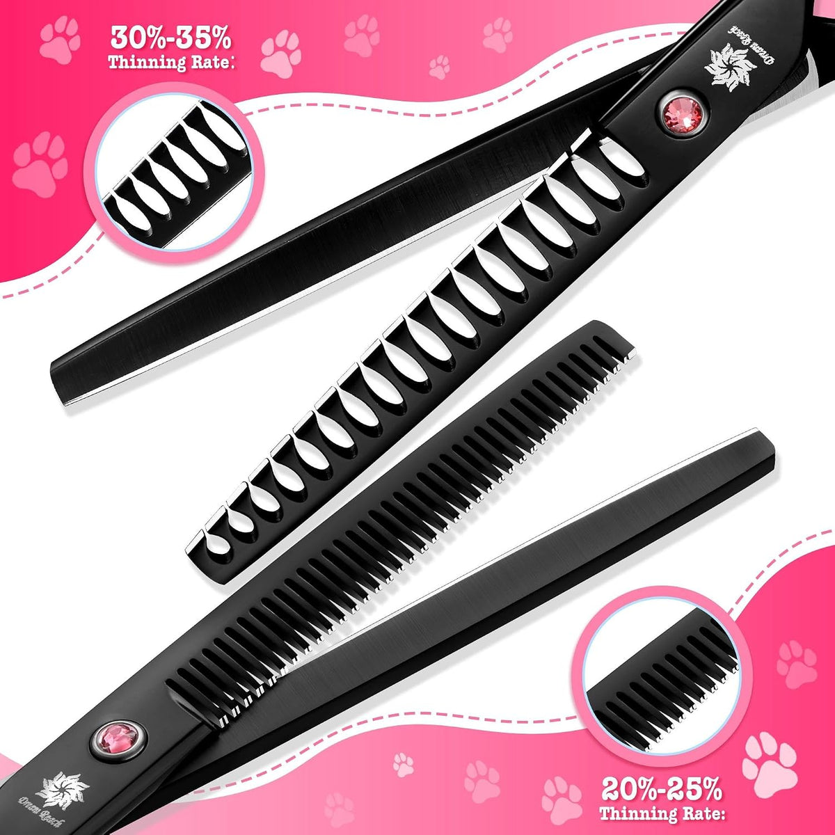 Dog Grooming Scissors - 7" Professional 6 in 1 Sharp Dog Shears Set Thinning, Chunker, Straight, Curved Shears and Comb for Dog Cat Pet, Pink