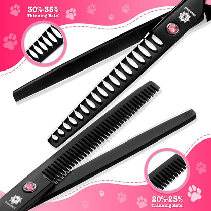 Dog Grooming Scissors - 7" Professional 6 in 1 Sharp Dog Shears Set Thinning, Chunker, Straight, Curved Shears and Comb for Dog Cat Pet, Pink