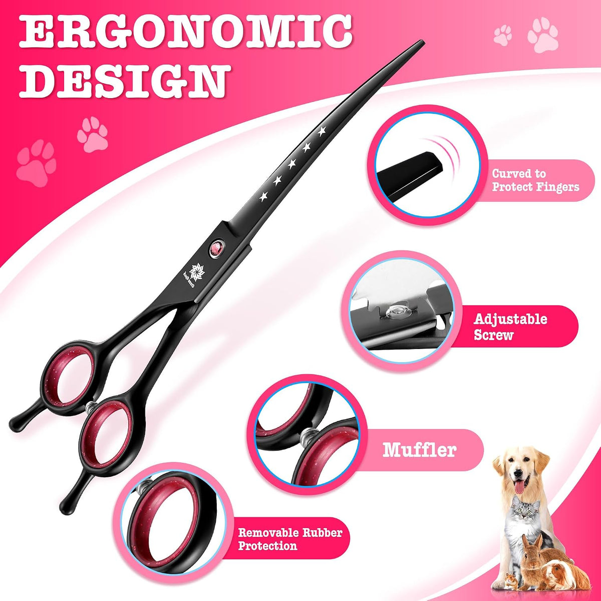 Dog Grooming Scissors - 7" Professional 6 in 1 Sharp Dog Shears Set Thinning, Chunker, Straight, Curved Shears and Comb for Dog Cat Pet, Pink