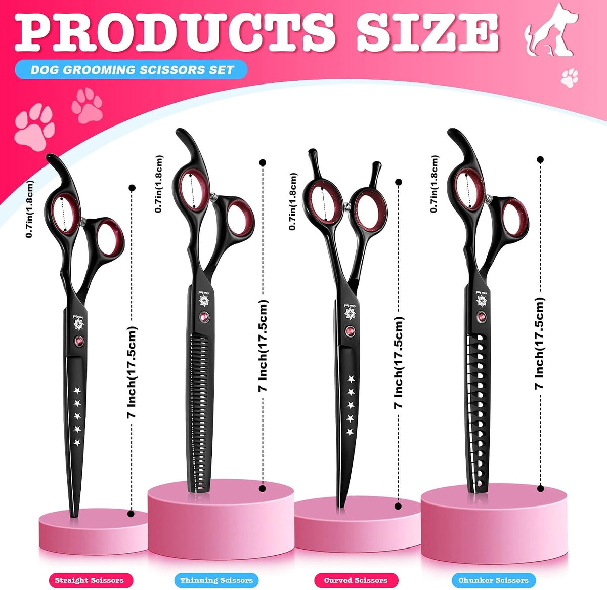 Dog Grooming Scissors - 7" Professional 6 in 1 Sharp Dog Shears Set Thinning, Chunker, Straight, Curved Shears and Comb for Dog Cat Pet, Pink