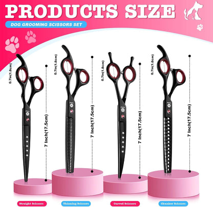 Dog Grooming Scissors - 7" Professional 6 in 1 Sharp Dog Shears Set Thinning, Chunker, Straight, Curved Shears and Comb for Dog Cat Pet, Pink