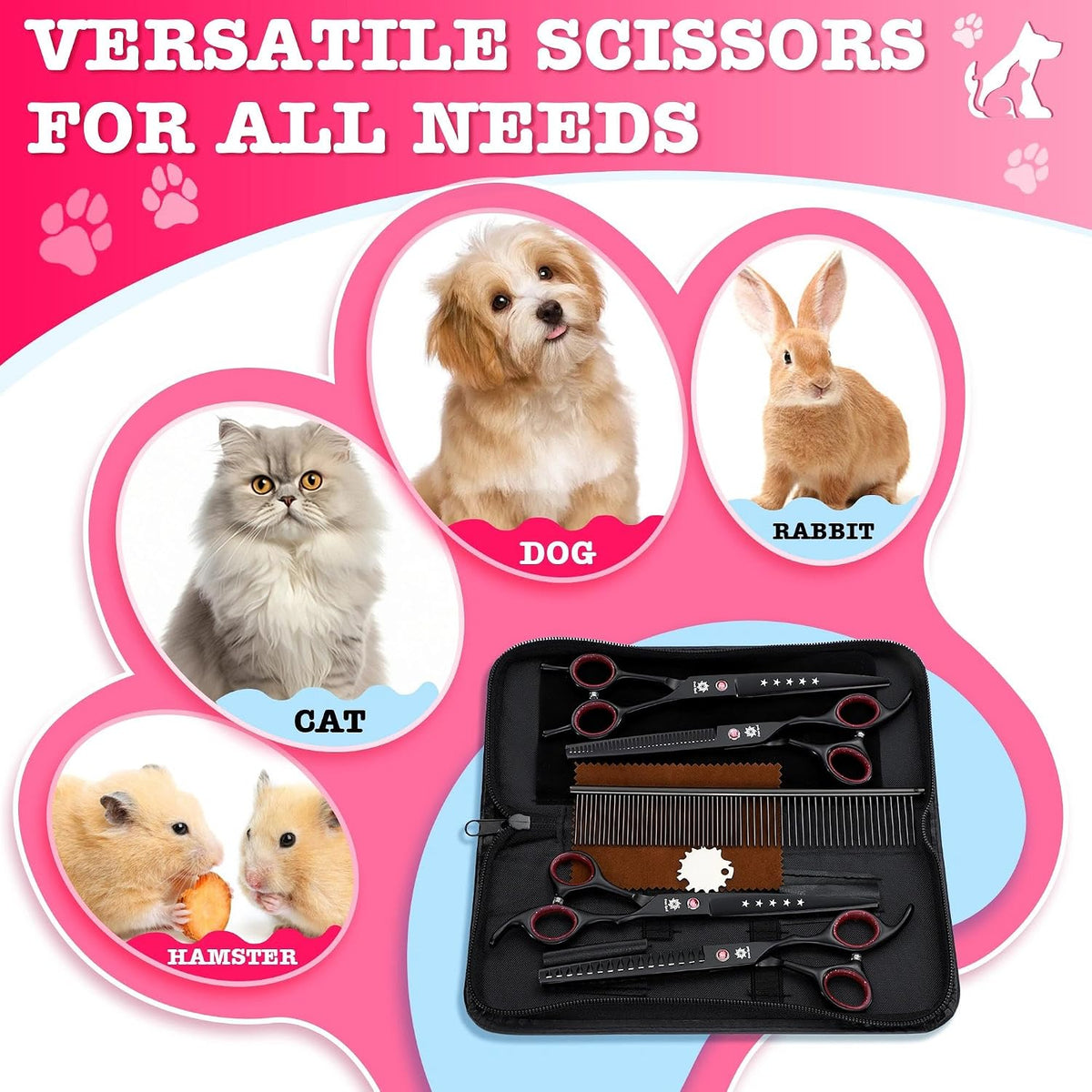 Dog Grooming Scissors - 7" Professional 6 in 1 Sharp Dog Shears Set Thinning, Chunker, Straight, Curved Shears and Comb for Dog Cat Pet, Pink