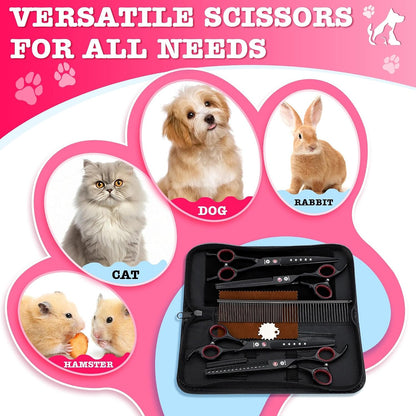 Dog Grooming Scissors - 7" Professional 6 in 1 Sharp Dog Shears Set Thinning, Chunker, Straight, Curved Shears and Comb for Dog Cat Pet, Pink
