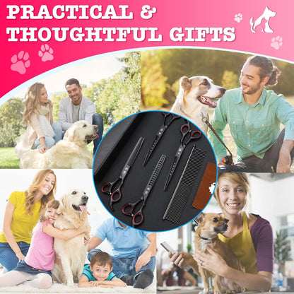 Dog Grooming Scissors - 7" Professional 6 in 1 Sharp Dog Shears Set Thinning, Chunker, Straight, Curved Shears and Comb for Dog Cat Pet, Pink