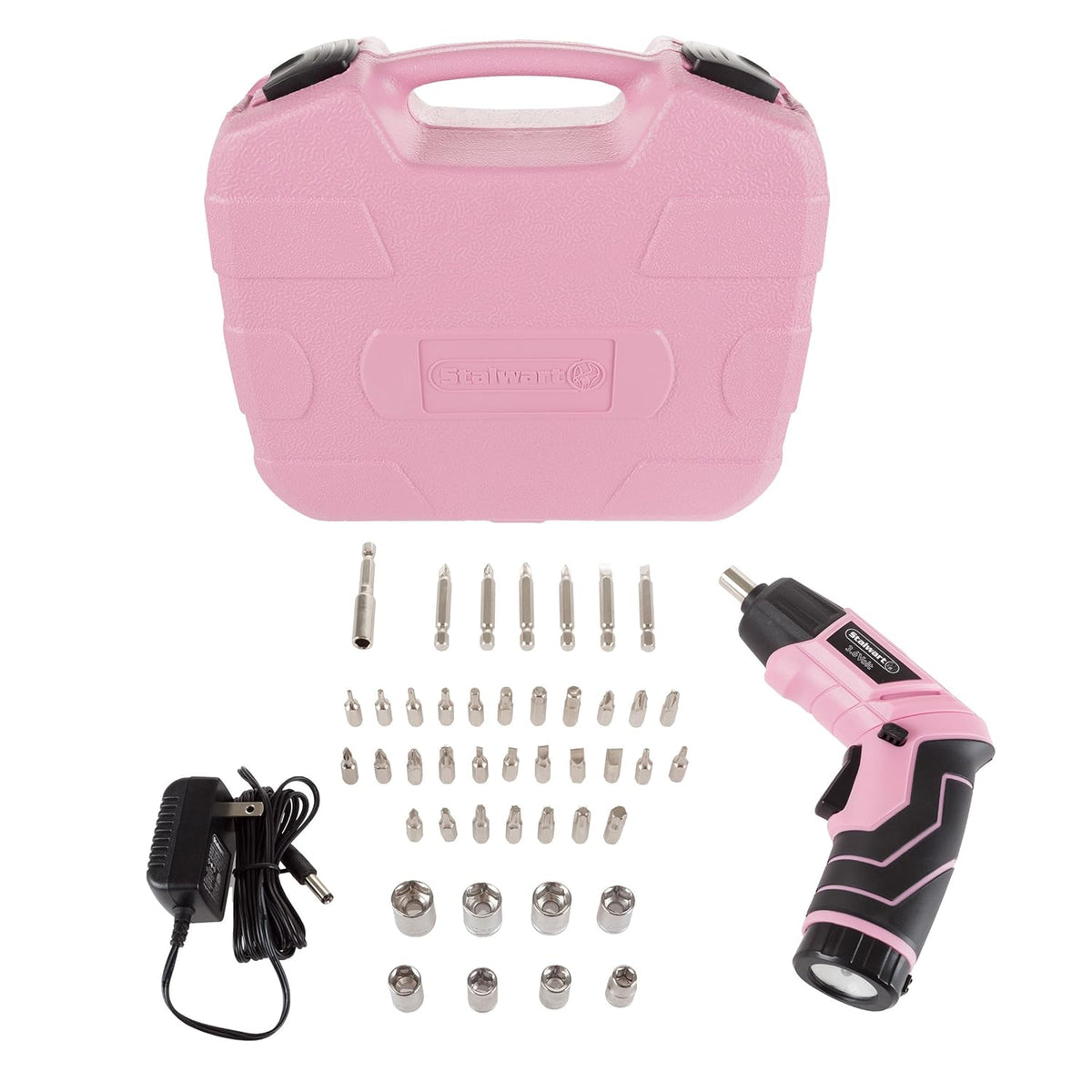 Pivoting Electric Screwdriver - 45-Piece Pink Tool Set - Cordless Power Tool with 3.6V Lithium Battery and LED Flashlights (Pink)