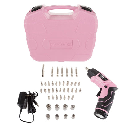 Pivoting Electric Screwdriver - 45-Piece Pink Tool Set - Cordless Power Tool with 3.6V Lithium Battery and LED Flashlights (Pink)