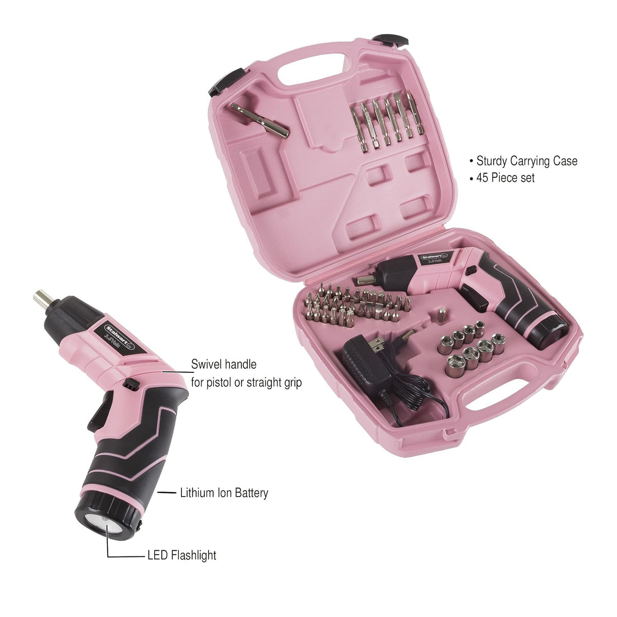 Pivoting Electric Screwdriver - 45-Piece Pink Tool Set - Cordless Power Tool with 3.6V Lithium Battery and LED Flashlights (Pink)