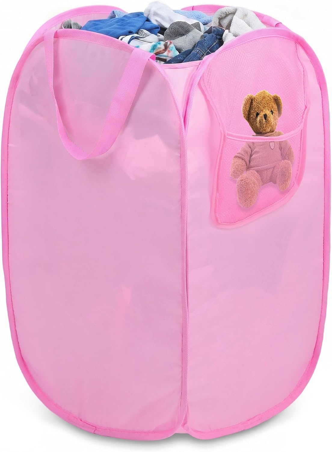 Foldable Laundry Basket, Pop Up Laundry Hamper with Handles, Collapsible Basket with Handy Pocket, Privacy Protection, Easy Carry Reinforced Clothes Hamper for Dorm, Bedrooms, Bathrooms, Travel Pink