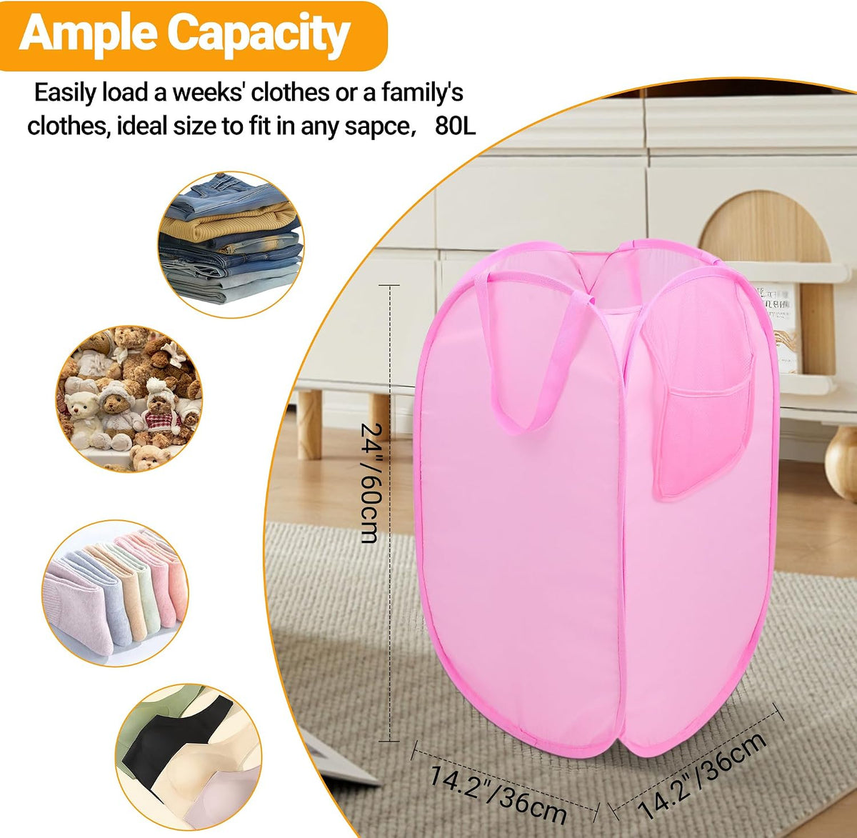 Foldable Laundry Basket, Pop Up Laundry Hamper with Handles, Collapsible Basket with Handy Pocket, Privacy Protection, Easy Carry Reinforced Clothes Hamper for Dorm, Bedrooms, Bathrooms, Travel Pink