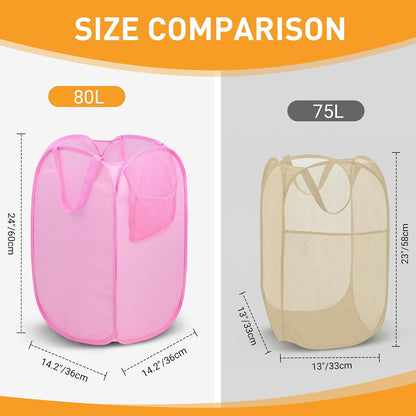 Foldable Laundry Basket, Pop Up Laundry Hamper with Handles, Collapsible Basket with Handy Pocket, Privacy Protection, Easy Carry Reinforced Clothes Hamper for Dorm, Bedrooms, Bathrooms, Travel Pink