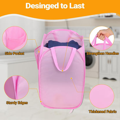 Foldable Laundry Basket, Pop Up Laundry Hamper with Handles, Collapsible Basket with Handy Pocket, Privacy Protection, Easy Carry Reinforced Clothes Hamper for Dorm, Bedrooms, Bathrooms, Travel Pink