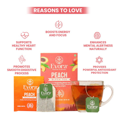 Peach Black Tea – Fruity & Energising High-Caffeine Black Tea |30 Double Chamber Teabags | Naturally Rich in Antioxidants | Refreshing Peach Flavour (30 BAGS)