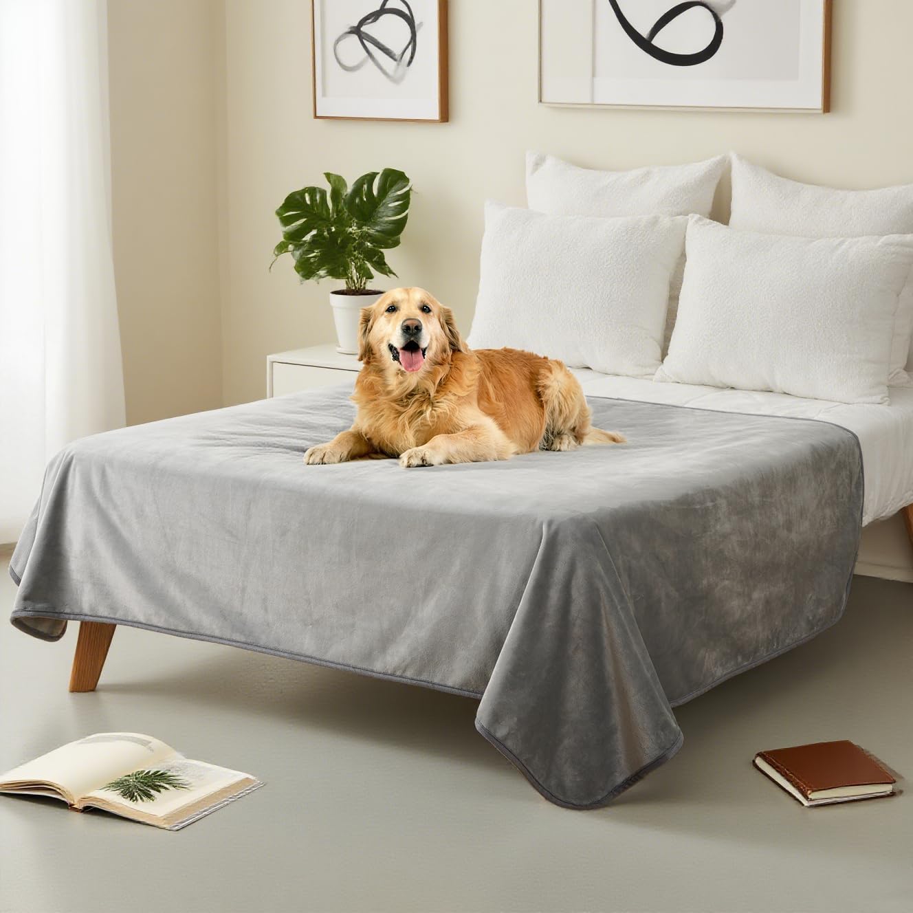Waterproof Blanket for Couch Sofa Bed | Reversible Soft Flannel Throw Blanket for Medium Large Dogs Pet Leakproof, Protector for Crate, Travel, 50"x60", Light Grey