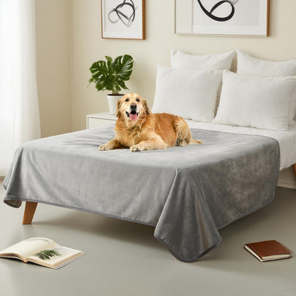 Waterproof Blanket for Couch Sofa Bed | Reversible Soft Flannel Throw Blanket for Medium Large Dogs Pet Leakproof, Protector for Crate, Travel, 50"x60", Light Grey