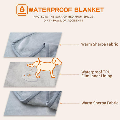 Waterproof Blanket for Couch Sofa Bed | Reversible Soft Flannel Throw Blanket for Medium Large Dogs Pet Leakproof, Protector for Crate, Travel, 50"x60", Light Grey