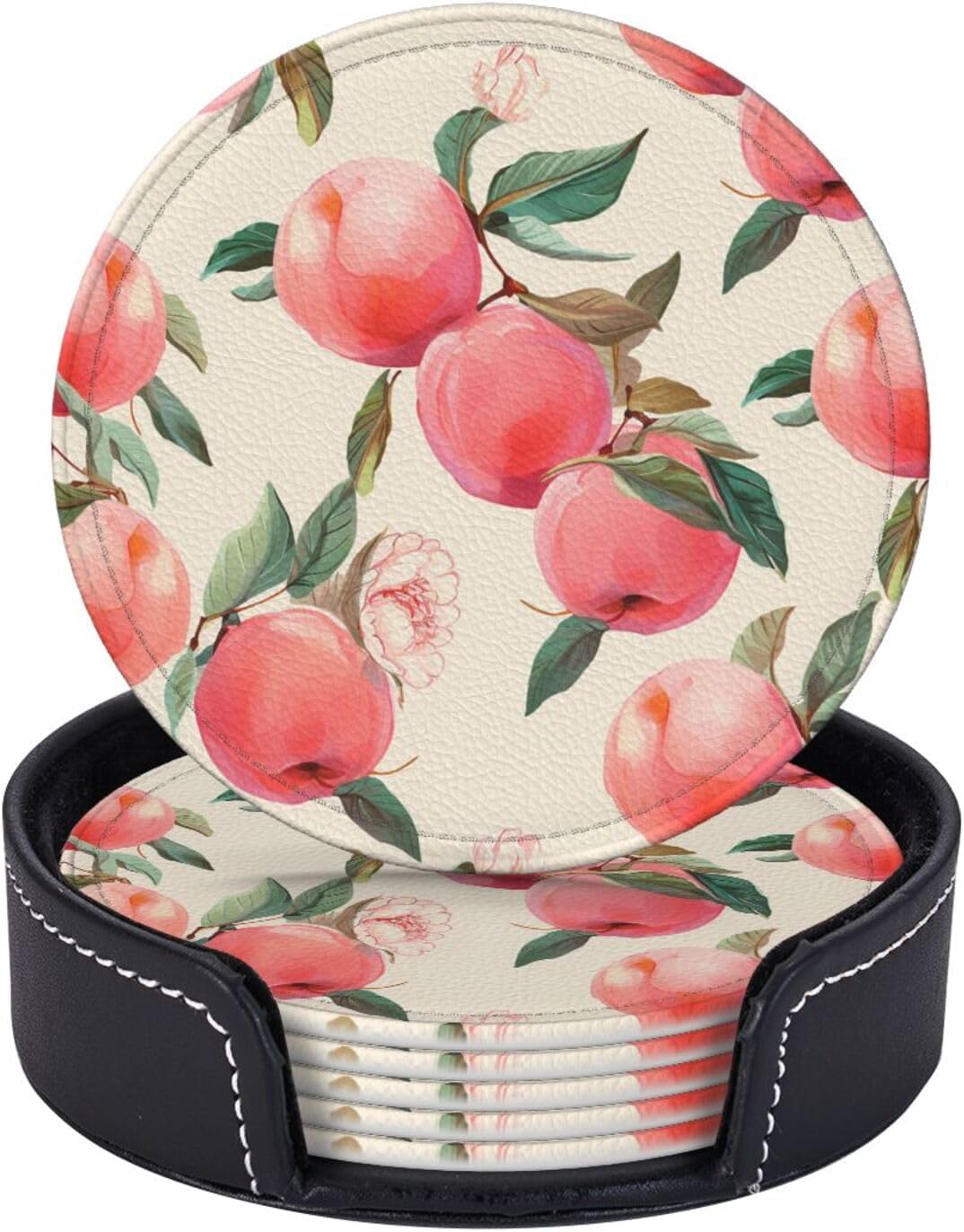 6Pcs PU Leather Coaster for Drinks, Peach Cup Coasters with Holder, Aesthetic Drink Coasters for Coffee Table, Round Coaster for Tabletop Protection 4" Cup Mat Pad