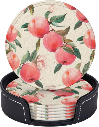 6Pcs PU Leather Coaster for Drinks, Peach Cup Coasters with Holder, Aesthetic Drink Coasters for Coffee Table, Round Coaster for Tabletop Protection 4" Cup Mat Pad