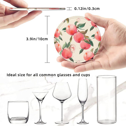 6Pcs PU Leather Coaster for Drinks, Peach Cup Coasters with Holder, Aesthetic Drink Coasters for Coffee Table, Round Coaster for Tabletop Protection 4" Cup Mat Pad