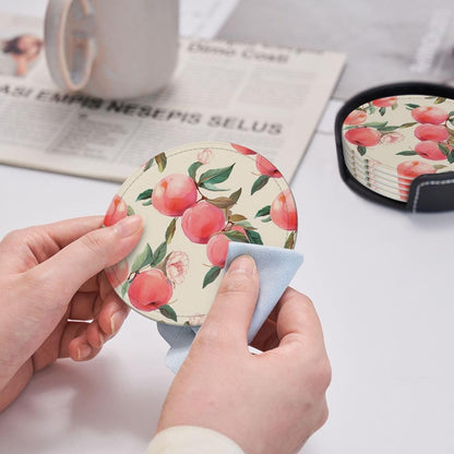 6Pcs PU Leather Coaster for Drinks, Peach Cup Coasters with Holder, Aesthetic Drink Coasters for Coffee Table, Round Coaster for Tabletop Protection 4" Cup Mat Pad