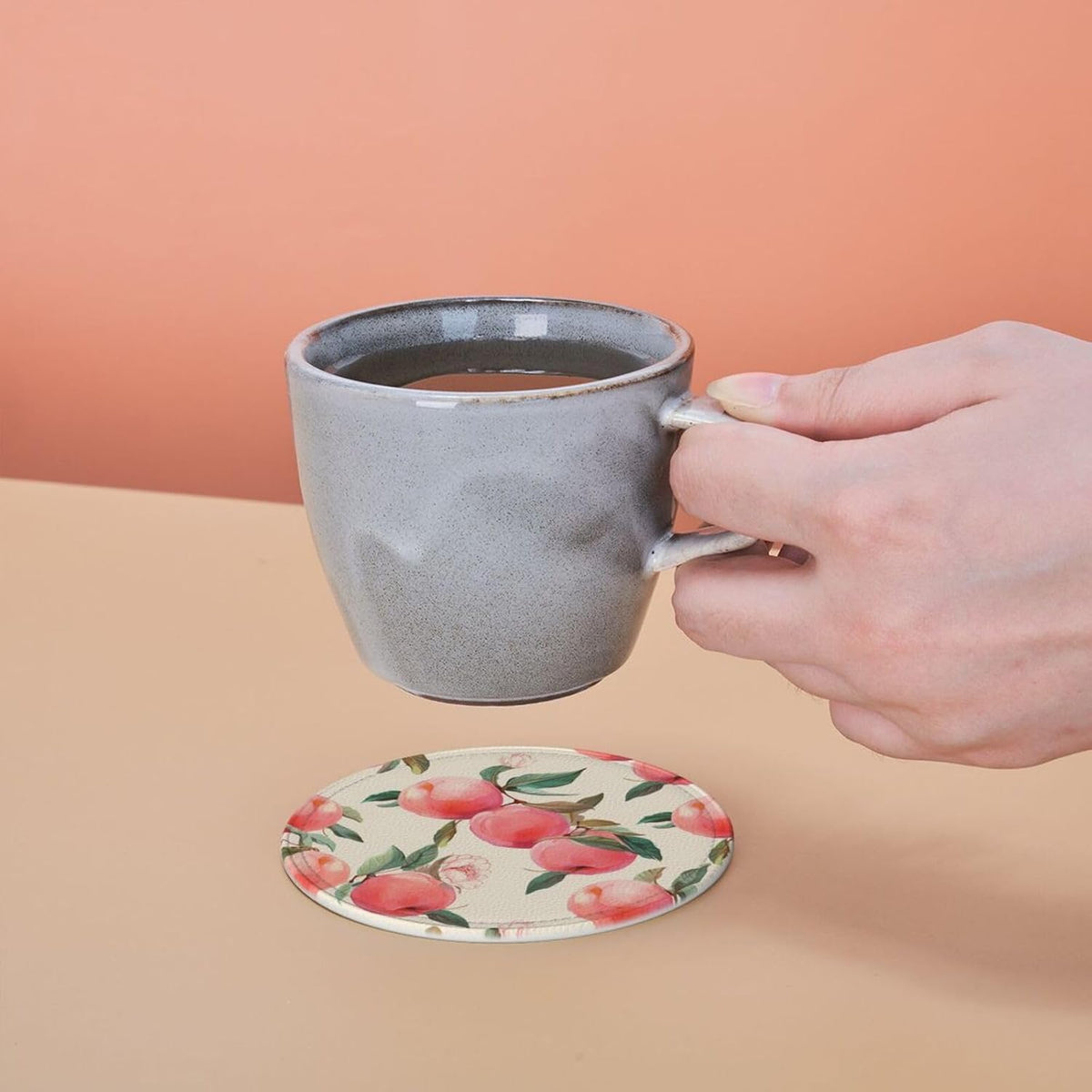 6Pcs PU Leather Coaster for Drinks, Peach Cup Coasters with Holder, Aesthetic Drink Coasters for Coffee Table, Round Coaster for Tabletop Protection 4" Cup Mat Pad