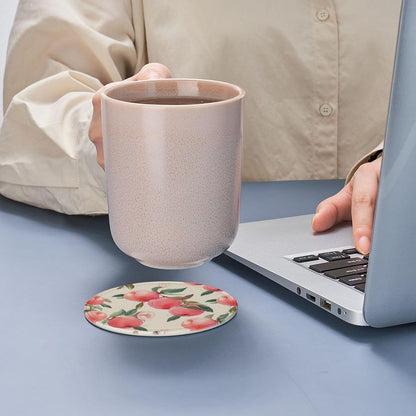 6Pcs PU Leather Coaster for Drinks, Peach Cup Coasters with Holder, Aesthetic Drink Coasters for Coffee Table, Round Coaster for Tabletop Protection 4" Cup Mat Pad