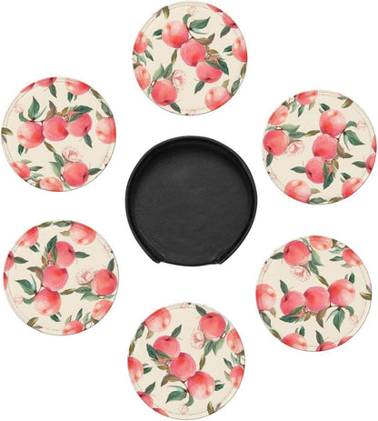 6Pcs PU Leather Coaster for Drinks, Peach Cup Coasters with Holder, Aesthetic Drink Coasters for Coffee Table, Round Coaster for Tabletop Protection 4" Cup Mat Pad