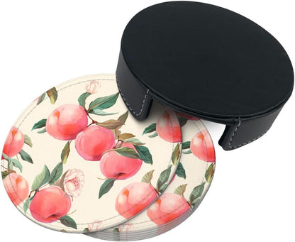 6Pcs PU Leather Coaster for Drinks, Peach Cup Coasters with Holder, Aesthetic Drink Coasters for Coffee Table, Round Coaster for Tabletop Protection 4" Cup Mat Pad