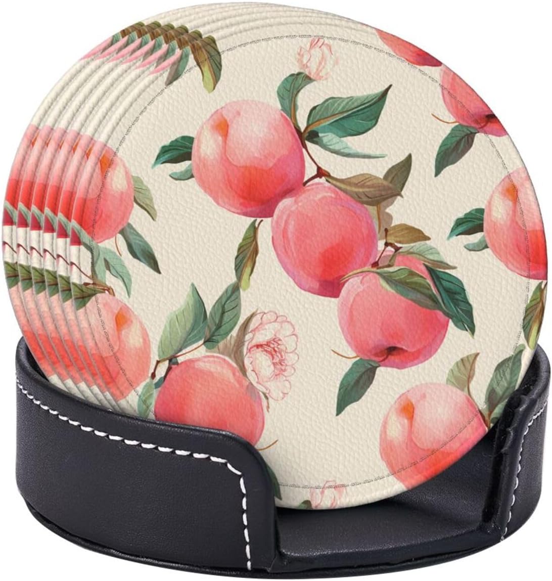 6Pcs PU Leather Coaster for Drinks, Peach Cup Coasters with Holder, Aesthetic Drink Coasters for Coffee Table, Round Coaster for Tabletop Protection 4" Cup Mat Pad