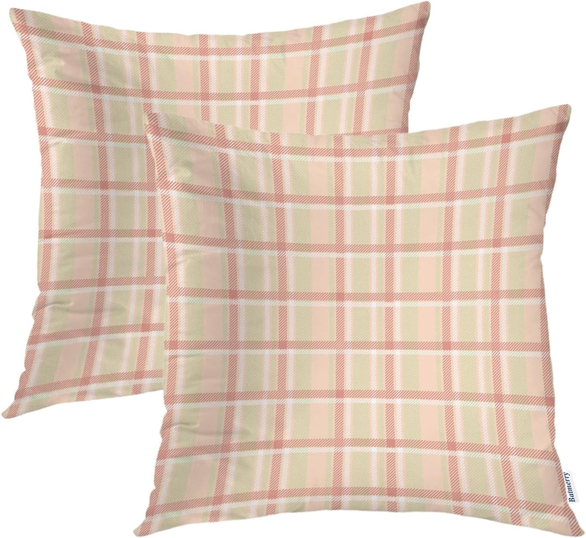 Pastel Coral Peach Throw Pillow Covers, Pink Tartan Plaid Abstract Apricot Decorative Pillow Covers Digital Printing Blended for Couch Sofa Bed Invisible Zipper 24X24 in(Set of 2)