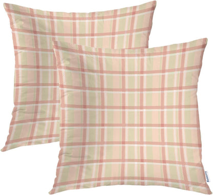 Pastel Coral Peach Throw Pillow Covers, Pink Tartan Plaid Abstract Apricot Decorative Pillow Covers Digital Printing Blended for Couch Sofa Bed Invisible Zipper 24X24 in(Set of 2)
