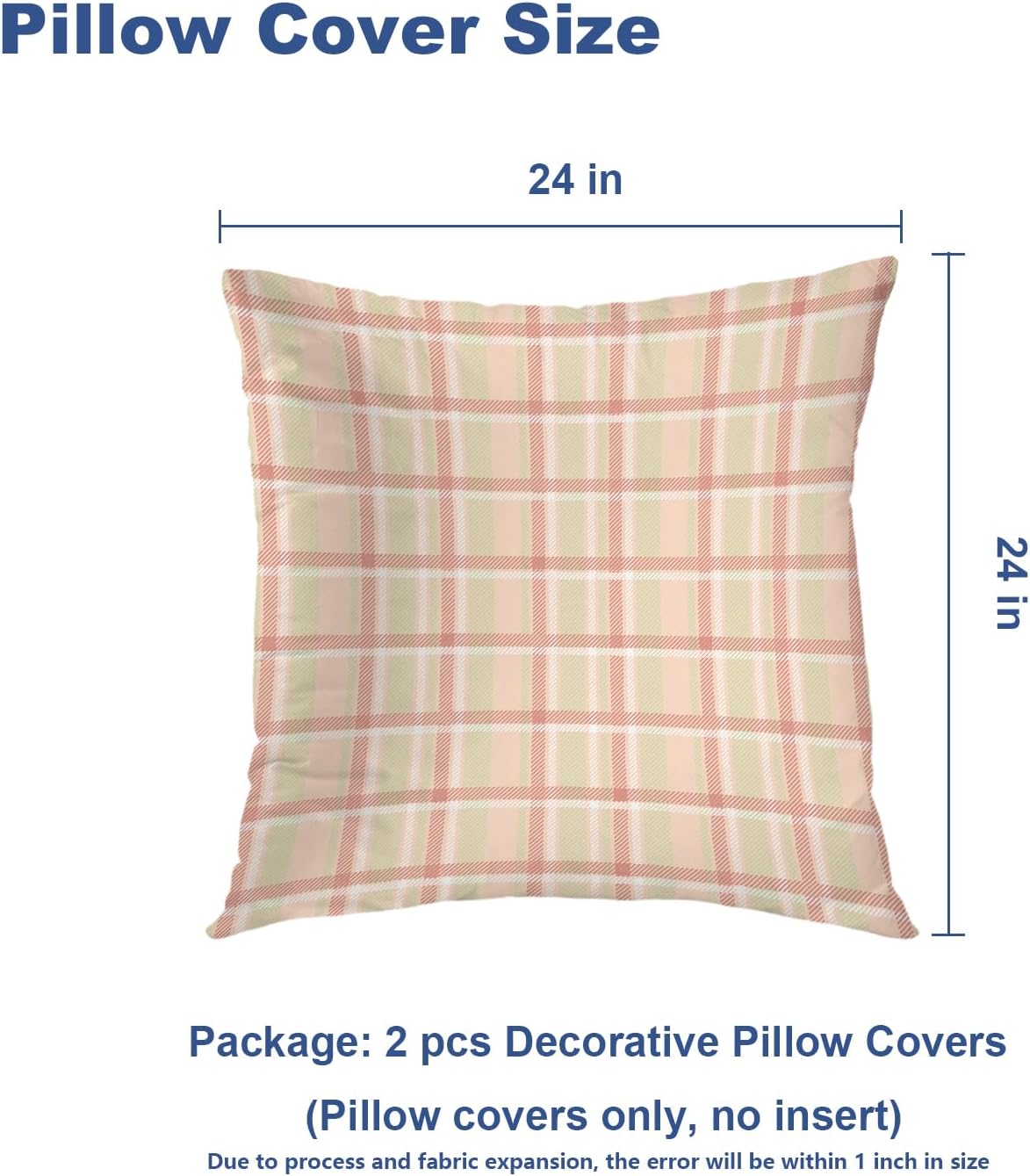 Pastel Coral Peach Throw Pillow Covers, Pink Tartan Plaid Abstract Apricot Decorative Pillow Covers Digital Printing Blended for Couch Sofa Bed Invisible Zipper 24X24 in(Set of 2)