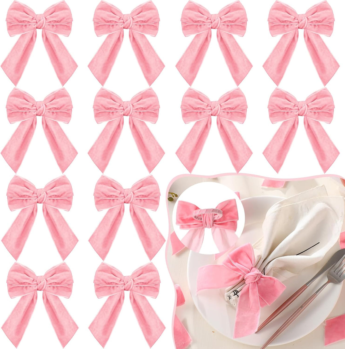 12 Pcs Bow Napkin Rings Set, Velvet Napkin Holders Buckles 4 x 4.9 Inch Serviette Rings for Family Dinner, Wedding, Party, Banquet, Table Decorations (Pink)