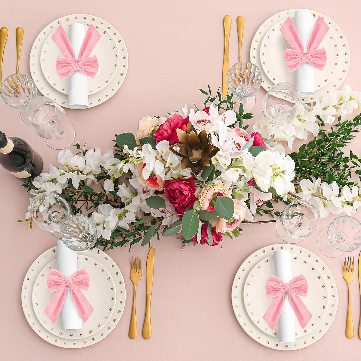 12 Pcs Bow Napkin Rings Set, Velvet Napkin Holders Buckles 4 x 4.9 Inch Serviette Rings for Family Dinner, Wedding, Party, Banquet, Table Decorations (Pink)