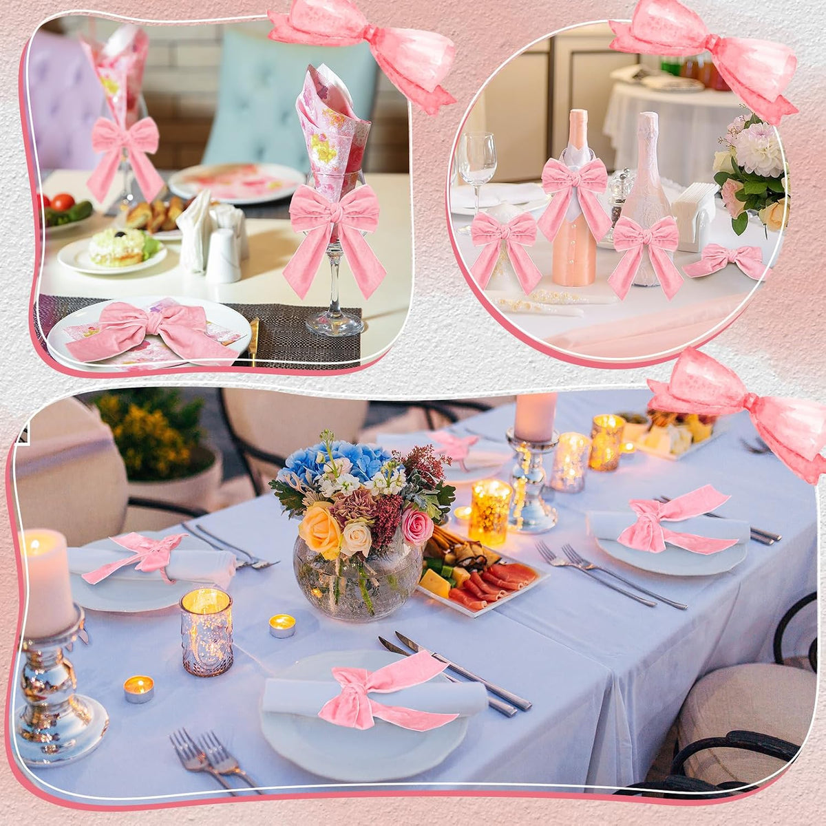 12 Pcs Bow Napkin Rings Set, Velvet Napkin Holders Buckles 4 x 4.9 Inch Serviette Rings for Family Dinner, Wedding, Party, Banquet, Table Decorations (Pink)